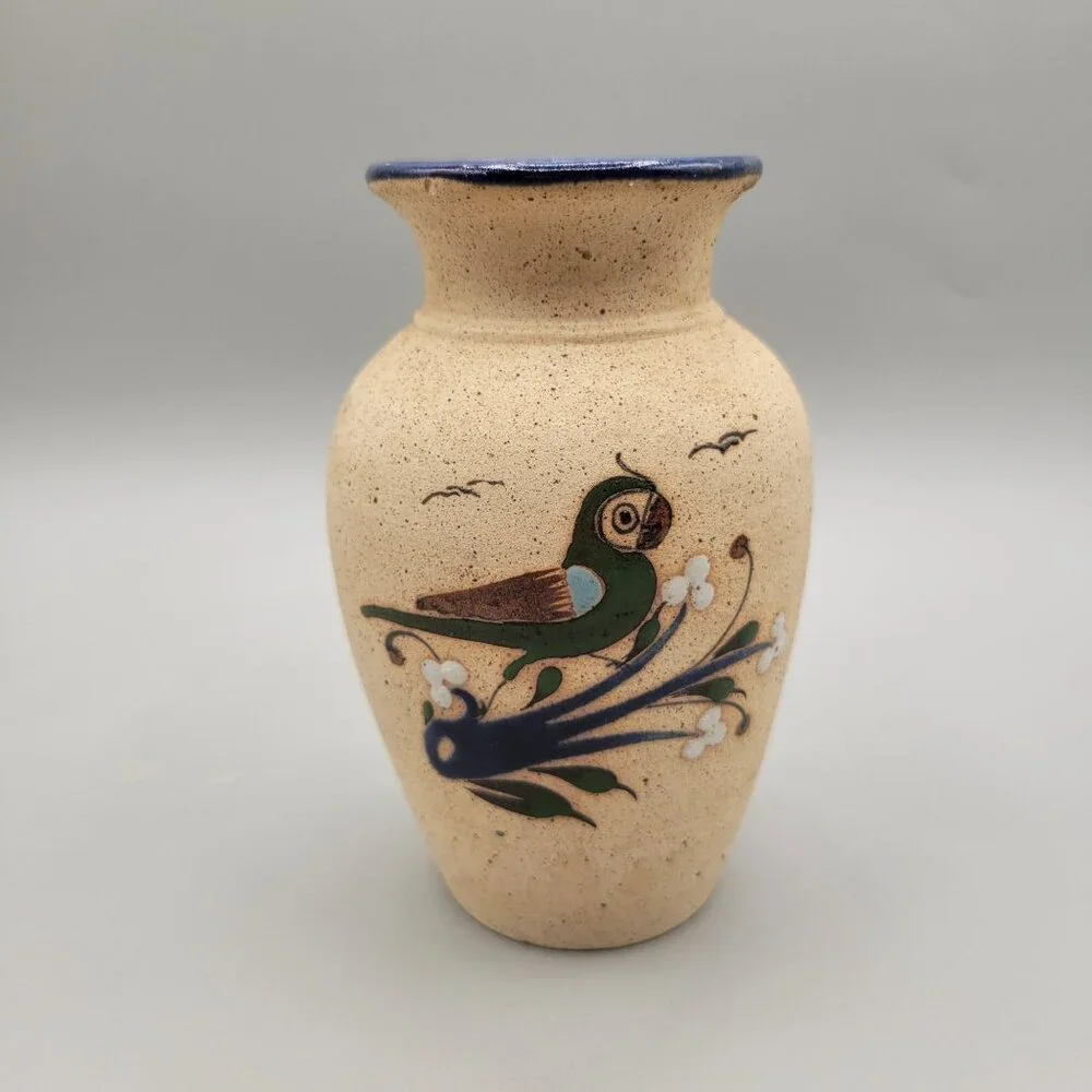 Mexican Tonala Pottery Vase Bird Flowers Folk Art Sandstone